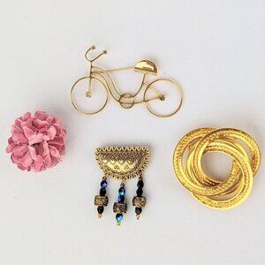 Vtg Set of 3 Brooch Gift Set Dangle Pin Swarovski Crystals Bicycle Circle Trio